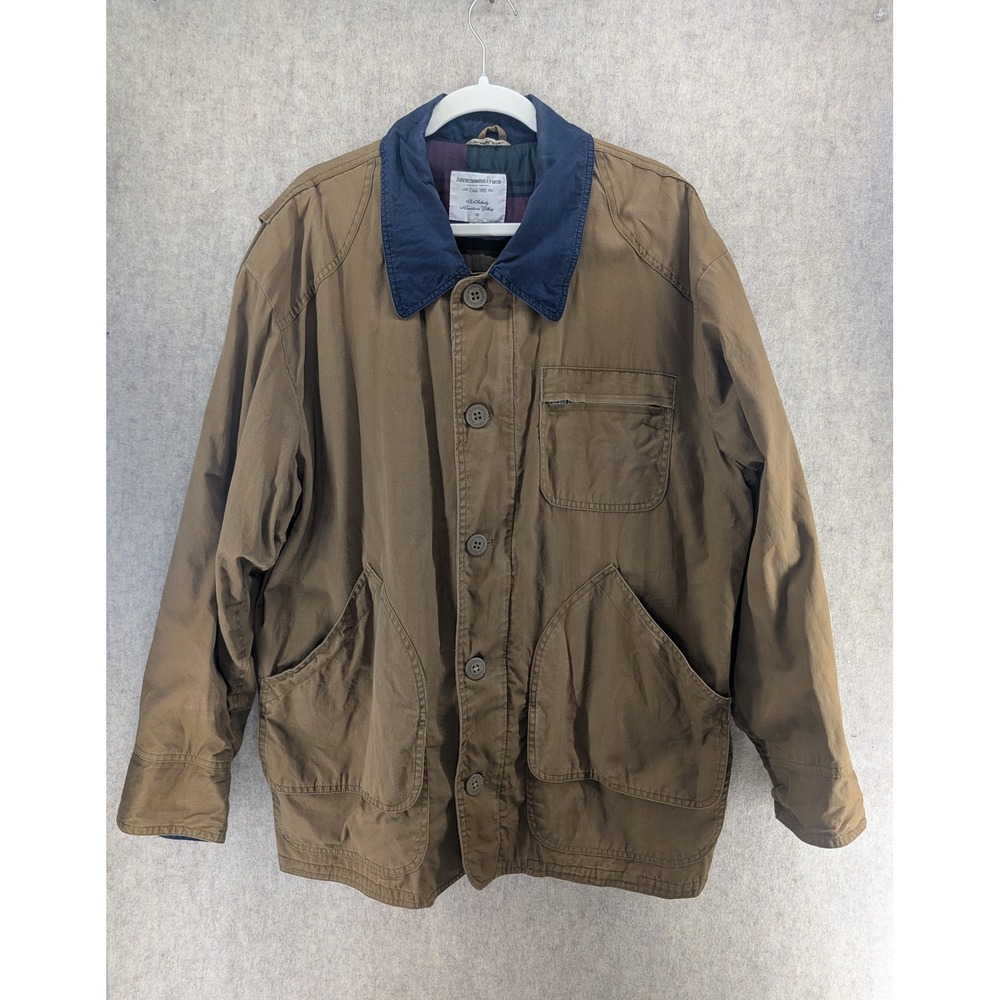 Vintage Abercrombie & Fitch Mens Barn Jacket Brown Cotton Plaid Lined Large